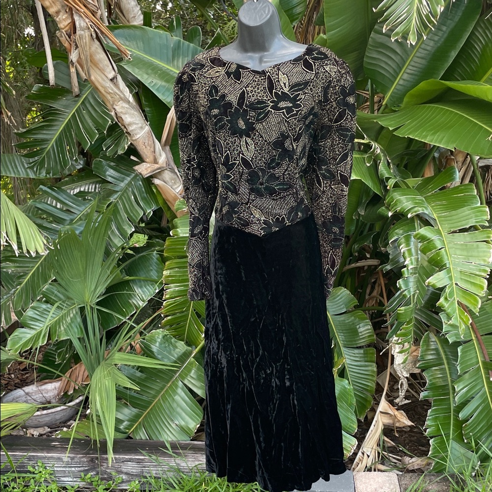 velvet and brocade power shoulder drop waist vintage 80s midi dress